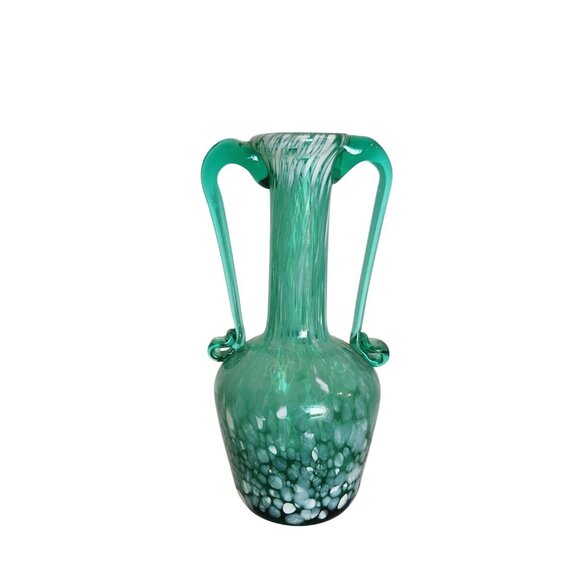 Vintage Hand Blown Teal,Aqua & White Spatter Swirl Glass bud Vase 6" - Picture 1 of 4